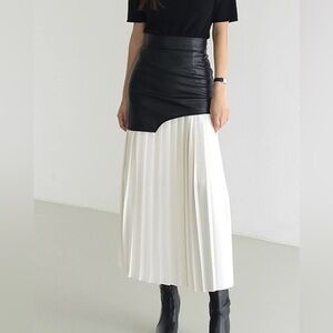 Commense Asymmetric Patchwork Faux Leather Chiffon Pleated Maxi Skirt